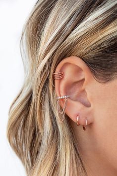 Cubic Zirconia Dangle Ear Cuff, Everyday Rose Gold Ear Cuff, Dainty Dangle Ear Cuff, Unique Ear Piercings Classy, Ear Piercings Classy, Conch Ear Piercings, Double Conch Piercing, Double Conch, Conch Ear Piercing