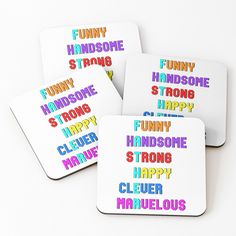 four coasters with funny words on them sitting next to each other in front of a white background