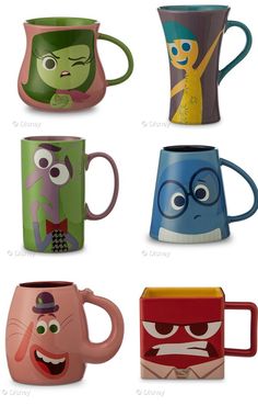 six different colored mugs with faces on them