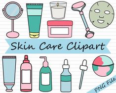 the words skin care clipart are written in black and white, with different types of items