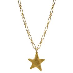 Add a touch of vintage charm to any outfit with our Luminary Star necklace. The large antique gold star is the perfect statement piece, making you the star wherever you go. Its unique chain adds extra character to this must-have accessory. Shine bright with our Luminary Star necklace. 25” inch length Antique gold plated Pewter: keep clean with a soft polishing cloth Not water proof Not sold as a set Please allow 7 business days for this item to ship Gold Star-shaped Necklace With Chain, Gold Brass Necklace With Star Charm, Unique Clothing Pieces, Cute Gold Necklace, Herringbone Necklace, 2024 Style, Solid Gold Earrings, Pearl Collection, Gold Filled Ring