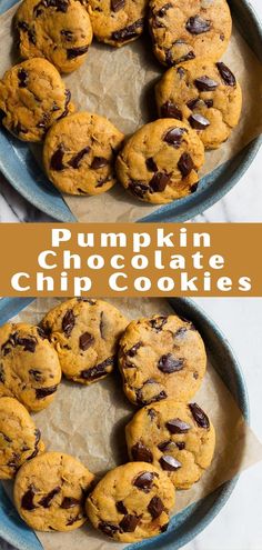 pumpkin chocolate chip cookies in a blue pan