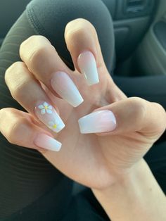 Nails Ombre Flowers, Ombre And Flower Nails, Ombre With Flowers Nails, Ombré Flower Nails, Ombre Nail With Flower, April Nails Ideas Simple, Short Prom Nails Acrylic, Prom Nails Acrylic Blue, Gold Prom Nails Acrylic