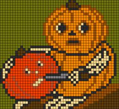 a pixellated image of a pumpkin holding a cell phone in it's right hand