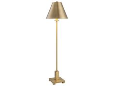 a gold floor lamp with a beige shade