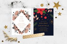 a holiday cocktail party with gold confetti and red flowers on navy blue card