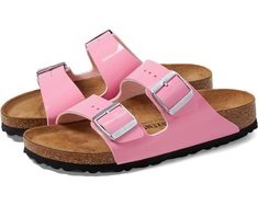 Birkenstock Arizona Patent Trendy Synthetic Double Strap Slides, Trendy Double Strap Synthetic Slides, Spring Outdoor Footbed Sandals With Buckle Closure, Trendy Outdoor Sandals For Spring, Trendy Spring Outdoor Sandals, Summer Leather Footbed Sandals For Outdoor, Summer Outdoor Footbed Sandals With Branded Insole, Casual Double Strap Footbed Sandals For Summer, Pink Slides For Outdoor Summer Activities