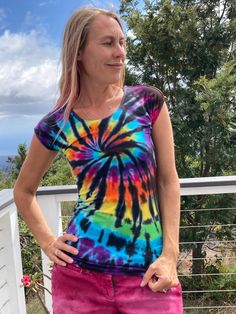 "Here is a beautiful previously loved DE Collection shirt hand dyed in wonderful colors.  55% cotton, 40% modal, 5% spandex Size M. Chest measures 32\" and stretches to 42\". Overall length measures 25\" This is a one of a kind shirt! Grab it while it's here! 604" Fitted Multicolor T-shirt For Summer, Rainbow Fitted Crew Neck Top, Fitted Rainbow Crew Neck Top, Multicolor Soft-washed Relaxed Fit Tops, Fitted Multicolor Summer T-shirt, Fitted Casual Rainbow Tops, Fitted Rainbow Short Sleeve Tops, Fitted Rainbow Casual Top, Spring Tie-dye Fitted Tops