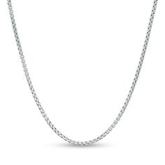 This 2.4mm rounded box chain necklace fashioned in 14K white gold measures 20.0 inches in length and secures with a lobster claw clasp. Classic Round Tennis Necklace With Box Chain, White Gold Round Box Chain Necklace, Silver Round Tennis Necklace With Box Chain, White Gold Tennis Necklace With Box Chain As Gift, Silver Tennis Necklace With Box Chain, White Gold Box Chain Necklace, Classic Silver Tennis Necklace With Box Chain, Silver Tennis Necklace With Box Chain For Formal Occasions, Silver Box Chain Tennis Necklace For Formal Occasions