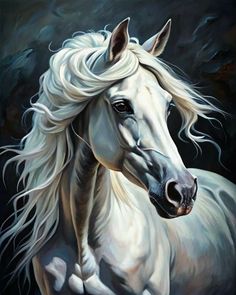 a painting of a white horse with long hair