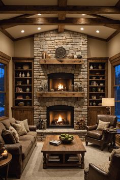 a living room filled with furniture and a fire place in the middle of a room