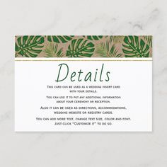 a card with the words details written in green and gold on it, surrounded by tropical leaves