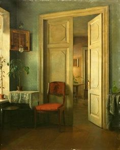 a painting of an open door in a room with a table and chair next to it