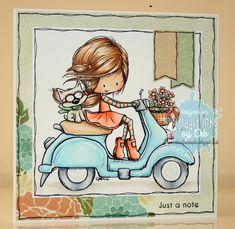 a card with a girl on a scooter holding a cat