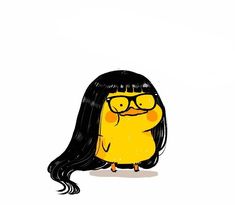 a drawing of a yellow bird with long black hair and glasses on it's head