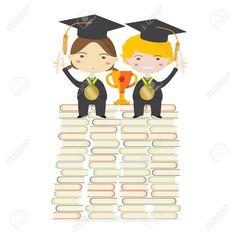 two kids in graduation caps standing on top of books with a trophy and diploma cup