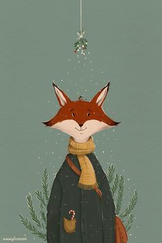 a painting of a fox wearing a scarf and holding a bird in its mouth, under a mist filled sky