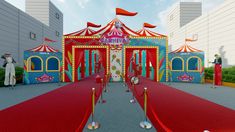 a red carpeted entrance to an amusement park with circus tents and flags in the background