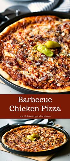 the barbecue chicken pizza is ready to be served in the oven and on the table