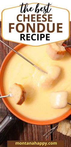 the best cheese fondue recipe in an orange bowl