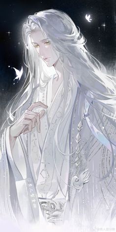 a woman with long white hair standing in front of a night sky and flying birds