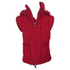 The perfect early 2000s DSQUARED2 lipstick red sleeveless wool sweater cardigan vest! Full metal zipper up the front offers the option to wear fully zipped up, partially, or opened. Pockets at each side of the waist and at left breast. Brown wood mock buttons at each shoulder. Great layered or alone. The perfect pop of color for any outfit. In great unworn condition. Made in Italy Approximately Size Medium / Large (lots of stretch) Measurements: 34-44 inch bust 29-36 inch waist Dsquared2 2000s, Fitted Winter Vest With Zipper Closure, Fitted Red Sweater Vest For Winter, Red Wool Vest For Winter, 2000s Lipstick, Sweater Vest Outfit, Y2k Cardigan, Outfits 2000s, Cardigan Sweater Vest