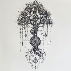 a drawing of a tree with many different things hanging from it's branches and the roots