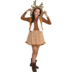 a woman in a reindeer costume is posing for the camera