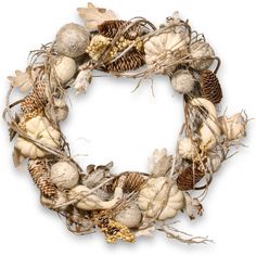 a white wreath with pine cones and acorns