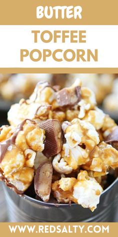 a bowl filled with caramel popcorn on top of a table