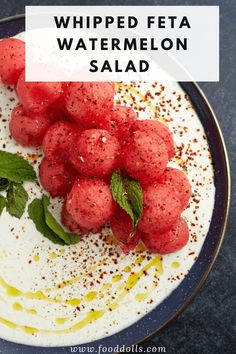 watermelon salad on a plate with text overlay that reads, whipped feta watermelon salad