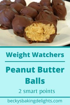 peanut butter balls on a white plate with text overlay that reads weight watchers peanut butter balls 2 smart points