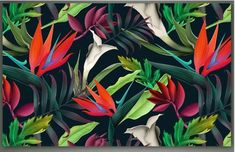 colorful tropical flowers and leaves on a black background