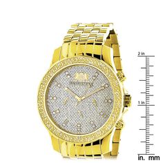 This Luxurman Men's Diamond Watch in Yellow Gold Tone features 0.25 carats of genuine diamonds, a polished yellow gold tone stainless steel case, a yellow gold tone stainless steel band and a face paved in white sparkling stones. This Luxurman diamond watch showcases a fine Japan-made quartz movement and is water-resistant to 30 m (110 ft). Handmade Jewelry Business, Diamond Watches For Men, Diamond Jewelry Store, Buying Diamonds, Bezel Diamond, Diamond Watch, Stainless Steel Band, Jewelry Business, Metal Bands