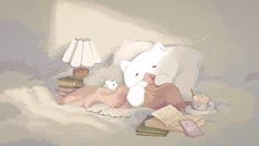 there is a teddy bear laying on the bed next to books and a stuffed animal