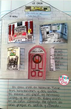 a drawing of a house made out of paper with pictures on the front and back