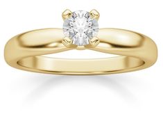 a yellow gold engagement ring with a single diamond in the center, on a white background