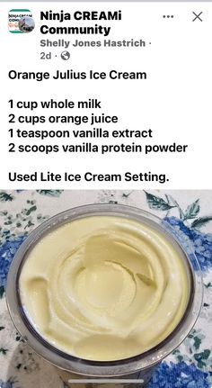 an orange juice ice cream recipe in a bowl