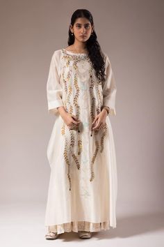 Ivory three fourth sleeves flared kurta with dabka vine bloom embroidery. Paired with a floral embroidered border crushed cotton inner dress. - Aza Fashions Embroidery Vine, Boat Neck Kurta, Bloom Embroidery, Embroidered Border, Ivory Silk, Fashion App, Dress For Women, Aza Fashion, Boat Neck