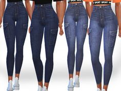 three different views of the same woman's jeans, one in blue and one in orange