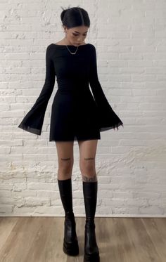 Winter Night Out Dress, Edgy Sweater Dress Outfit, Black Dress Outfit Edgy, Cottagecore Club Outfit, 1975 Concert Outfit Plus Size, Emo Outfits For Concerts, Fancy Edgy Outfits, Cute Going Out Outfits Night Winter, Flare Sleeves Dress