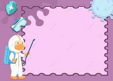 a cartoon character holding a paintbrush in front of a pink background with medical items