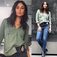 Olive Green Shirt Outfit, Angrezi Medium, Green Shirt Outfits, Dress Over Pants, Lip Colours, Olive Green Shirt, Celebrity Casual Outfits, Blue Jean Outfits, Western Wear Outfits