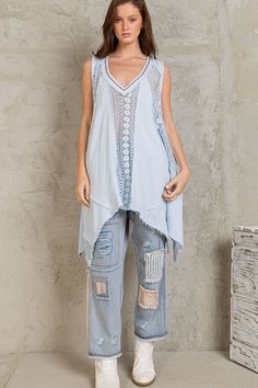 94%rayon, 6%spandeX Color: sky blue Oversized fit Bohemian Washed Blue Tops For Summer, Blue Washed Sleeveless Top, Blue Sleeveless Washed Tops, Chic Blue Washed Tops, Light Wash Bohemian Relaxed Fit Tops, Bohemian Light Wash Relaxed Fit Tops, Bohemian Style Light Wash Relaxed Fit Tops, Cc Beanie, Lace Tunic