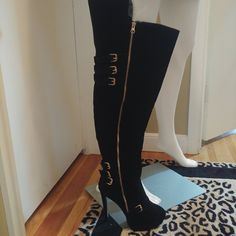 Never Worn! I Bought These Thigh Platform High Boots For My Sexy Pirate Costume (Also Never Worn - Will Soon Be Added To My Closet). Size 9 Material Is Man Made - Looks A Bit Like Suede But Is Not, So Would Be More Durable Than Suede Platform: 1" Heel: 5" Height: 27" From Floor To Top Of The Higher Back Side (Front Is 25" From Floor To Top) Width At Top: 18" Around, With Three Buckles For Adjustment Soft Fabric Lining Back Of Leg Is Split At Top Of Cuff For Comfort When Bending Your Legs Trendy High Cut Boots For Night Out, Edgy Fitted Knee-high Boots For Club, Fitted High Cut Heeled Boots For Night Out, Fitted High Cut Boots For Night Out, Fitted High-cut Heeled Boots For Night Out, Edgy Fitted Thigh High Heeled Boots, Edgy Fitted Thigh-high Heeled Boots, Chic High Cut Boots For Night Out, Chic High-cut Boots For Night Out