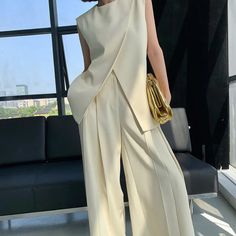 Beige two-piece suit women's summer 2024 new irregular fashion sleeveless vest top high waist Skirt Outfits Korean, Loose Outfit, Business Outfit, Looks Chic, Blazer Fashion, Looks Style, Mode Inspiration, White Pants, Fashion Street