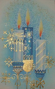 a card with candles and snowflakes on the front, in gold trimmings