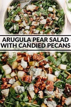 two pictures with different types of salads in them