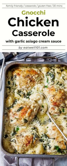 chicken casserole with garlic and spinach sauce in a pan on a table