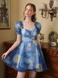 SHEIN MOD Vestido línea A con estampado de manga farol | SHEIN USA Aesthetic Blue Outfits, Van Gogh Dress, Cool Dresses, Starry Night Dress, Artsy Dress, Unique Homecoming Dresses, Fun Dresses, Elastic Dress, Puff Dress